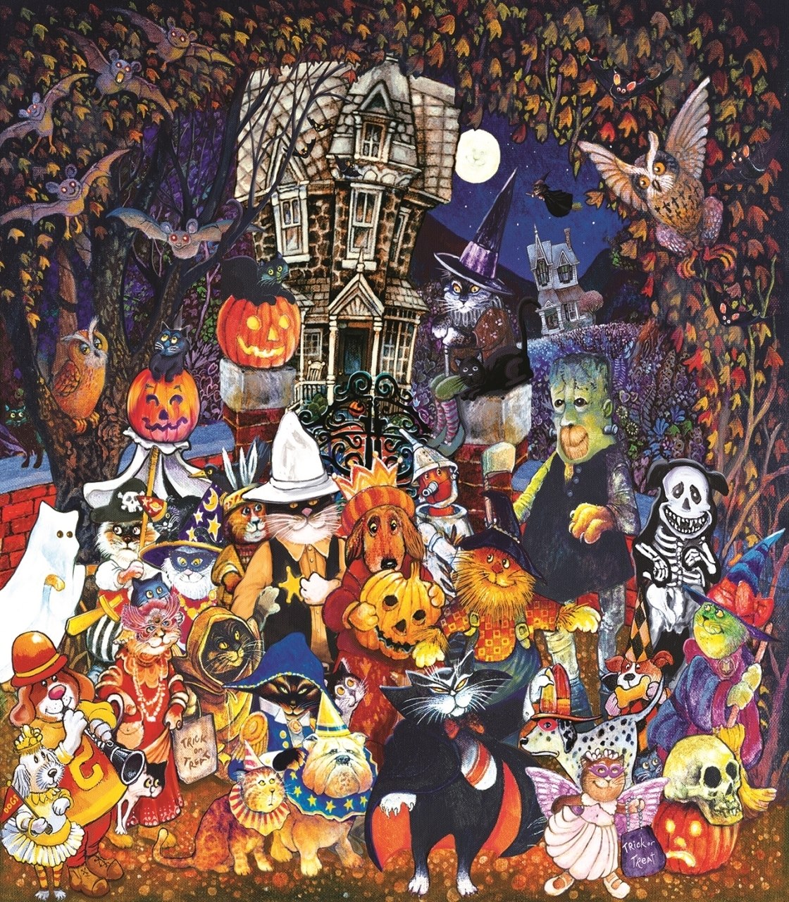 Cats and Dogs on Halloween - 300pc Jigsaw Puzzle By Sunsout  			  					NEW