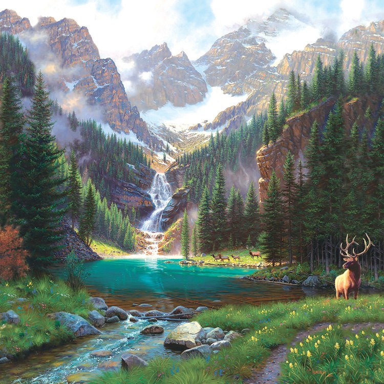 Elk at the Waterfall - 1000pc Jigsaw Puzzle By Sunsout