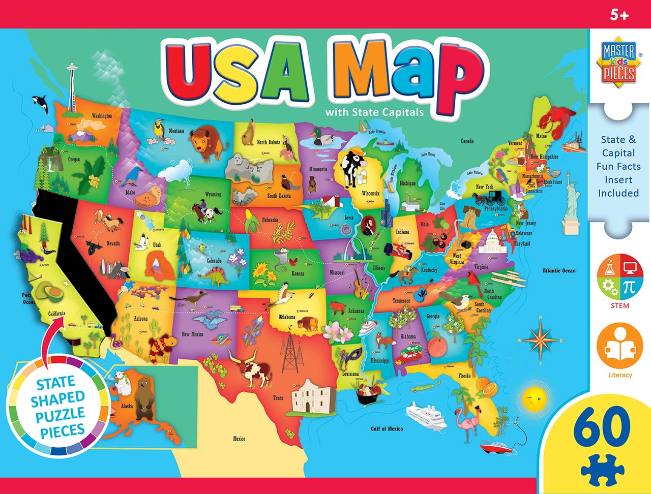USA Map State - 60pc Educational Shaped Jigsaw Puzzle by Masterpieces  			  					NEW - image 1