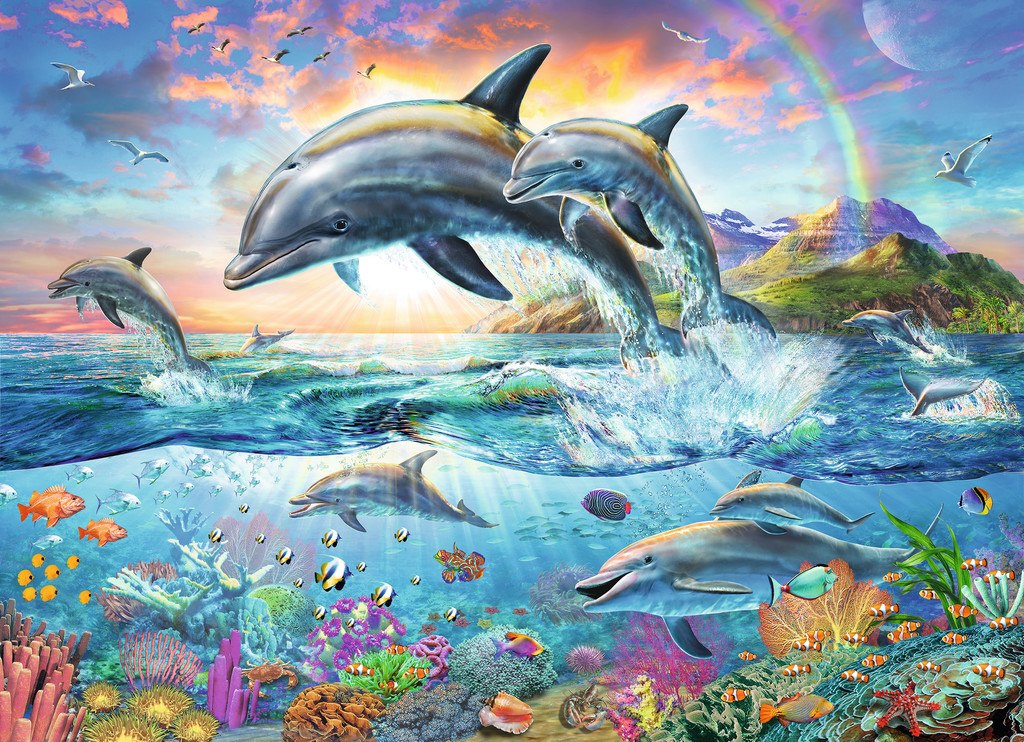 Vibrant Dolphins - 100pc Jigsaw Puzzle w/ Coloring Book By Ravensburger  			  					NEW