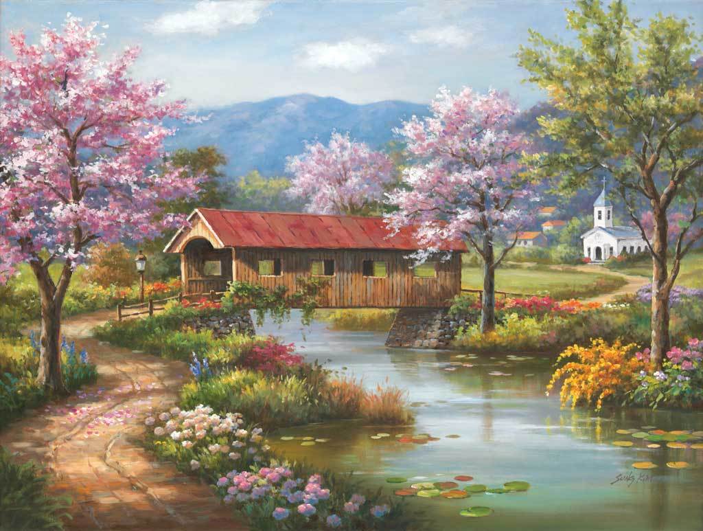 Covered Bridge in Spring - 300pc Large Format Spring Jigsaw Puzzle by Sunsout