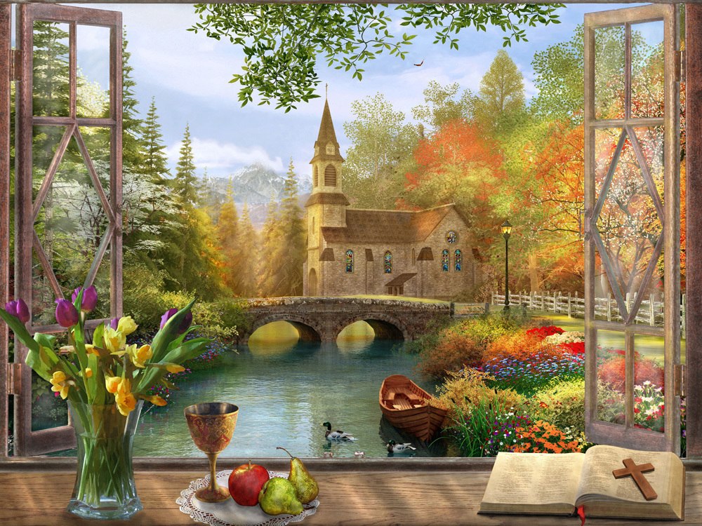 Autumn Church Frame - 550pc Jigsaw Puzzle by Vermont Christmas Company