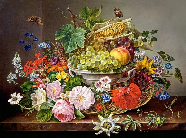 Still Life with Flowers and Fruit Basket - 2000pc Jigsaw Puzzle By Castorland