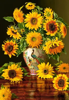 Sunflowers in a Peacock Vase - 1000pc Jigsaw Puzzle By Castorland